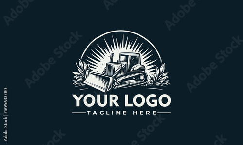 Illustration of a bulldozer with sun rays and foliage, suitable for a logo design.