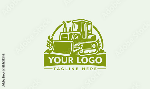 A stylized green bulldozer logo design with tracks, blade, and cabin, set against a semi-circular backdrop.