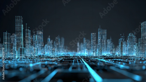 Futuristic Cityscape with Glowing Blue Lines: A Digital Illustration of Modern Metropolis