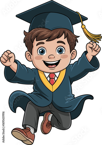 Happy cartoon boy in graduation gown and cap jumping with joy celebrating school achievement success, education milestone vector illustration.