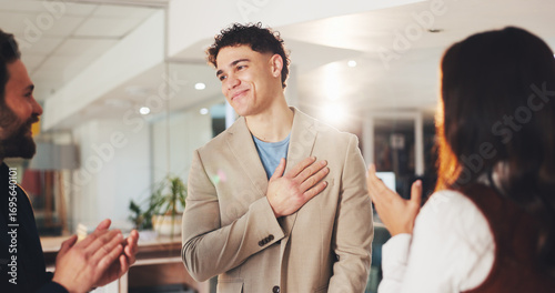 Quadro su tela Business, man and staff applause in office for success, employee recognition and good news