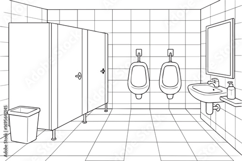 A minimalist vector showing public toilet room design, fully equipped, rendered in black and white with strong black outline, suitable for posters, or templates.