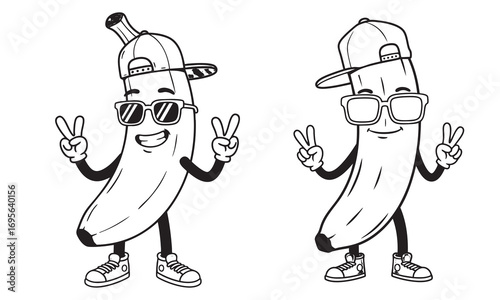 Cool Cartoon Banana with Cap and Sunglasses Giving Peace Sign