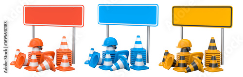 Construction hard hats, traffic cones, and road signs isolated on white background with clipping path, concept of safety gear