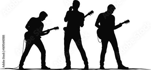 Silhouette rock guitarist playing electric guitar, musician performance, live concert music, stage entertainment, vector design, band lifestyle, artistic sound expression