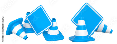 Construction traffic cones and road signs isolated on white background with clipping path, concept of safety gear