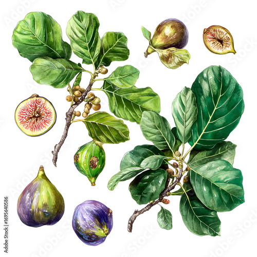 Exquisite watercolor illustration of fresh figs and vibrant fig tree foliage