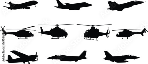 Silhouette set of airplanes and helicopters, military aircraft, fighter jet, passenger plane, aviation design, transport concept, vector illustration