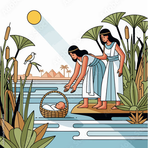 Moses rescued from the Nile river, bible