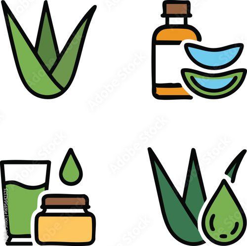 Four flat design icons of aloe vera products and leaves with black outlines and white background