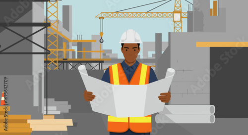 Construction Worker Examining Blueprints on Building Site.