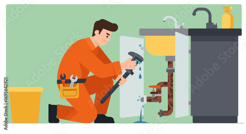 Plumber Repairing Leaky Pipes with Adjustable Wrench Cartoon.