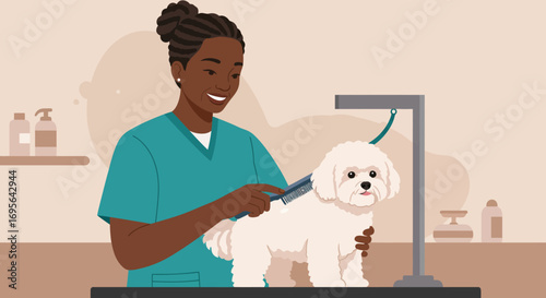 Professional Groomer Brushing a Fluffy White Dog.