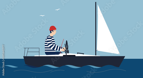 Sailor Steering a Sailboat on Calm Ocean Waters.