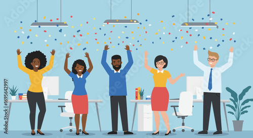 Cheerful Office Team Celebrating Success with Confetti.