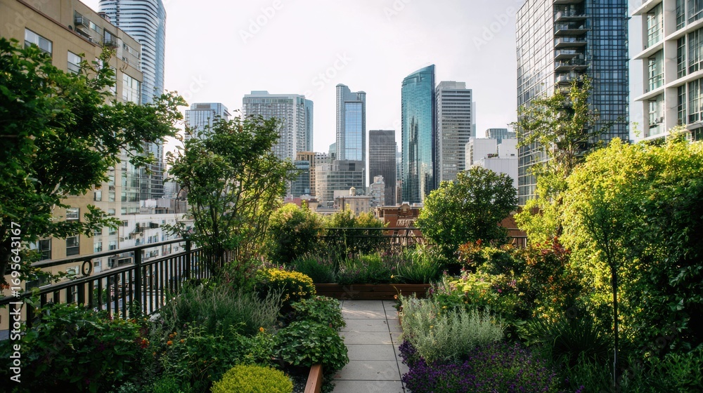 Fototapeta premium Premium Urban Rooftop Garden with Lush Greenery and City Skyline Modern Sustainable Living for Millennial Marketing and Social Media Campaigns
