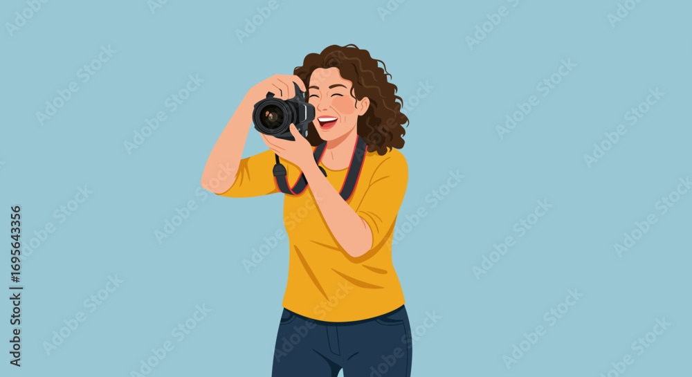 Obraz premium Smiling Woman Holding Camera Taking a Photo.