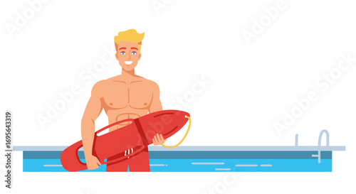 Smiling Lifeguard Holding Red Rescue Can Near Pool.