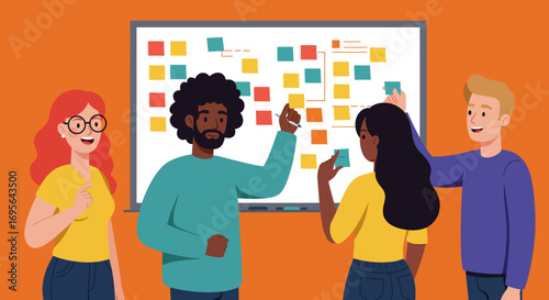 Diverse Team Collaborating on Whiteboard with Sticky Notes.