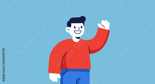 Cartoon Character Waving Hand in Red Sweater.