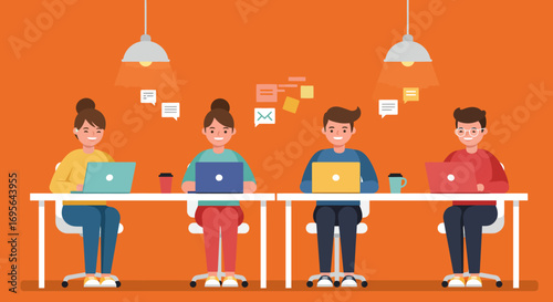 Team of Four People Working on Laptops at Desk.