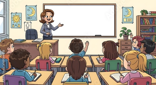 Illustration depicting an elementary school classroom with a teacher presenting at a whiteboard, while students listen attentively, raising hands and taking notes, suggesting a vibrant learning enviro