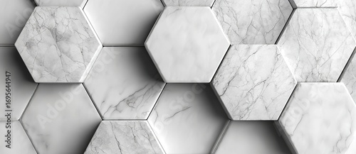 Elegant white marble hexagon tiles create a modern and luxurious geometric patterned background.