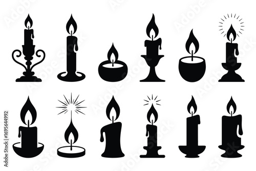 Black candle silhouettes with white flames vector