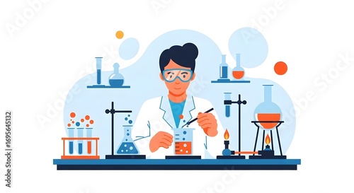 A scientist in a lab coat and safety glasses conducts an experiment with beakers and a Bunsen burner in a modern, flat-design illustration.
