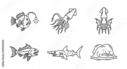 Line art illustrations of various sea creatures.