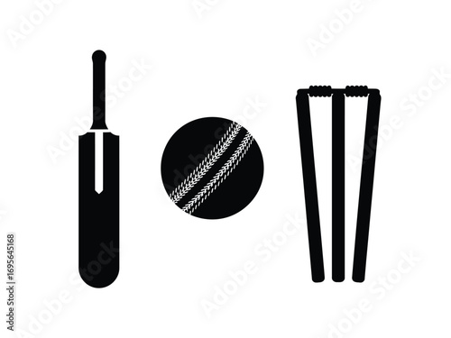 Black cricket bat ball and wickets silhouette sport