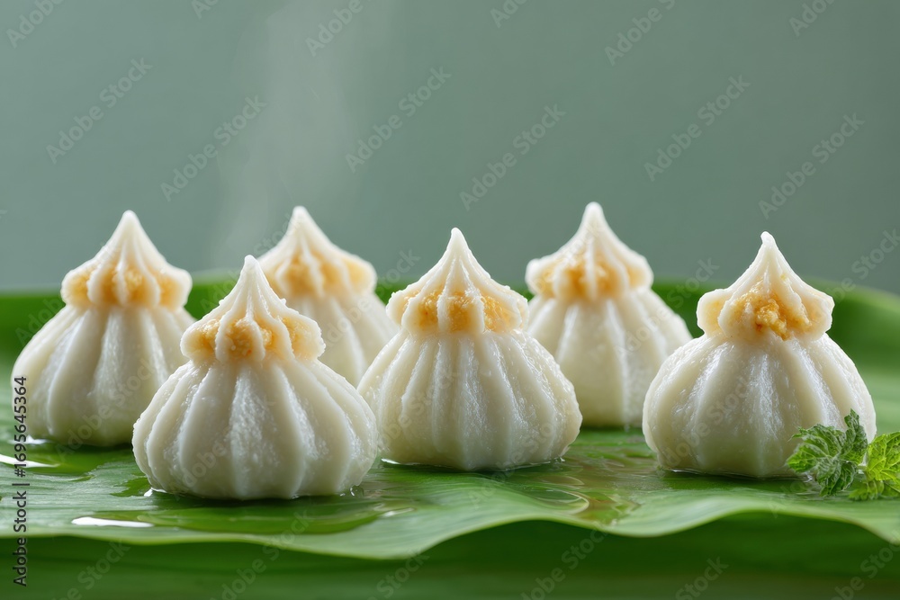 Obraz premium Authentic Premium White Modak with Coconut Jaggery Filling on Banana Leaf Traditional Indian Festival Sweets for Festive Marketing and Social Media Use