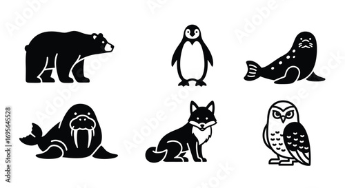 Arctic animals icons: bear, penguin, seal, walrus, fox, owl.