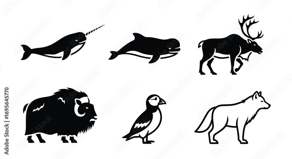 Naklejka premium A collection of six black and white vector icons depicting various arctic and northern animals, including a narwhal, whale, moose, muskox, puffin, and wolf.