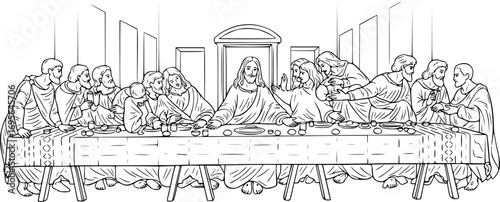 Hand-Drawn Vintage Sketch of The Last Supper – Jesus Christ with Twelve Apostles at the Table, Religious Fresco Vector Illustration