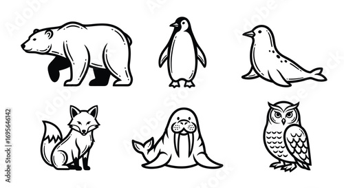 A collection of six black and white line art icons featuring various arctic and antarctic animals.