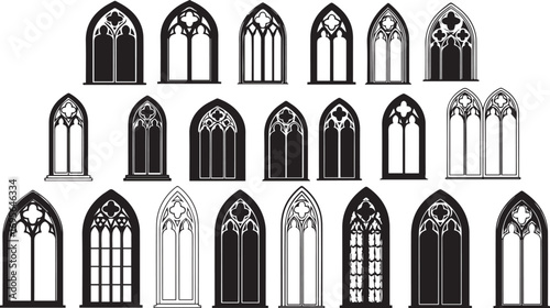 Assortment of gothic architectural windows in black and white vector graphics architecture arched