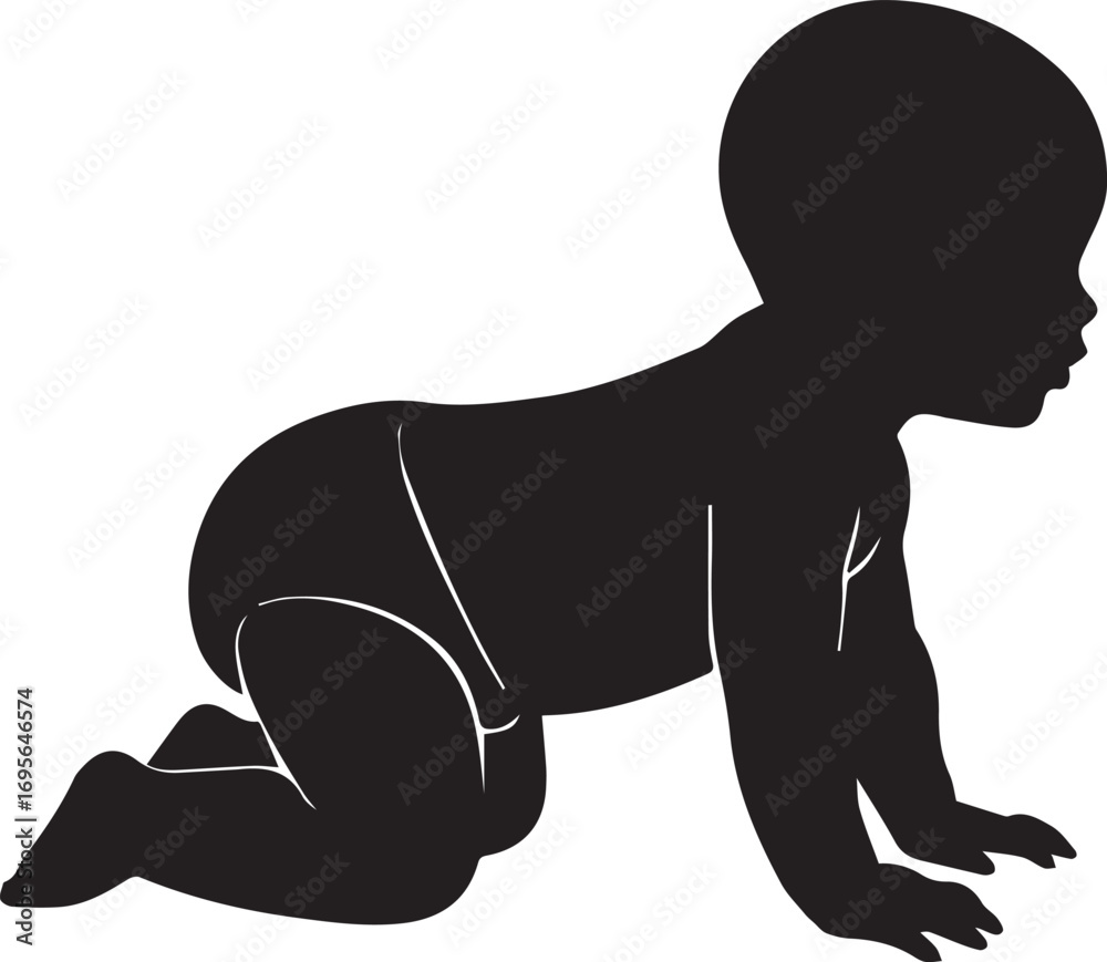 Fototapeta premium Black Silhouette of a Baby Crawling on a White Background infant child