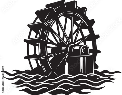 Black and white illustration of a water wheel with paddles submerged in wavy water Keywords: water wheel, mill, historical, industrial, power, energy, water, river, stream, nature, mechanics