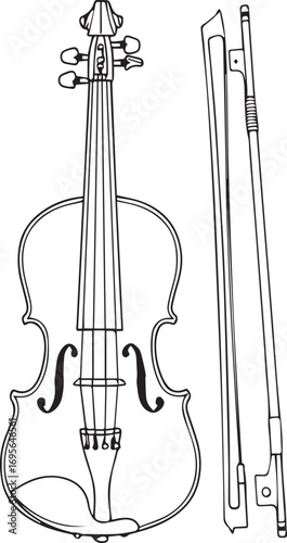 Black and white line art of a violin and two bows on a white background musical instrument string instrument