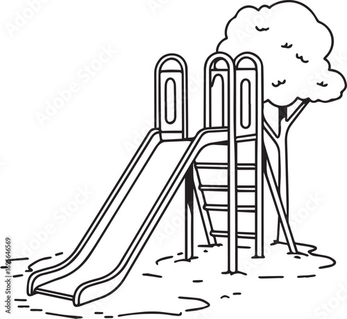 Black and white line drawing of a playground slide with a tree Keywords: playground, slide, tree, park, outdoor, recreation, children, play, equipment, drawing, illustration, outline, sketch