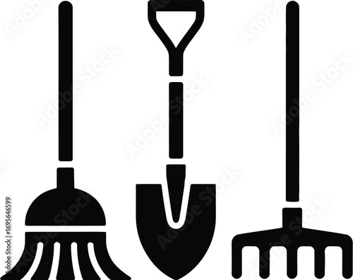 Black garden tools broom shovel rake on white background vector