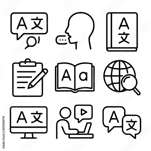 Black and white line art icons depicting language learning and translation.