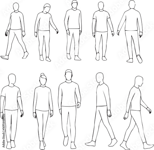 Collection of ten black and white line drawings of diverse people in various walking poses Keywords: walking, people, figures, men, women, children, outline, silhouette, drawing, illustration