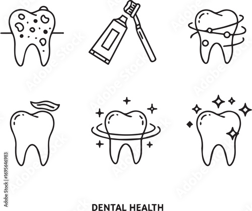 Dental Health Icons Showing Tooth Decay and Cleaning teeth illustration