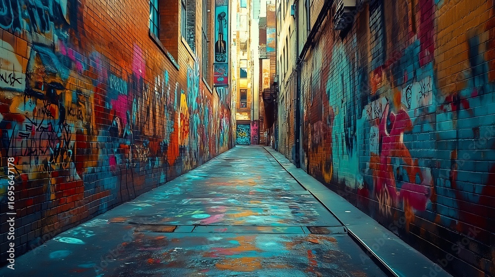Naklejka premium Vibrant Graffiti Alley: A Colorful Urban Canvas