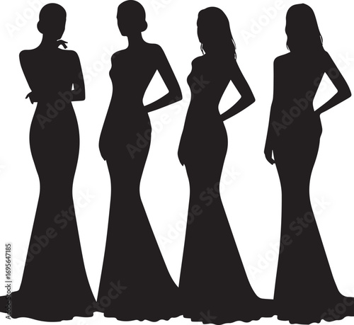 Four elegant female silhouettes in floor-length gowns on a white background woman fashion