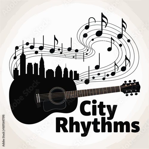 Black guitar skyline with musical notes and city rhythms text acoustic guitar cityscape