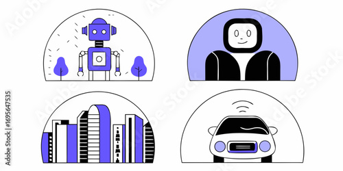 Pixel art illustration depicting a city landscape, a robot, a person, and a self-driving vehicle. Blue and purple color scheme, simple geometric shapes.