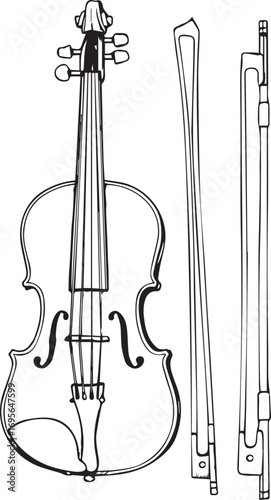 Outline drawing of a violin and two bows on a white background viola string instrument